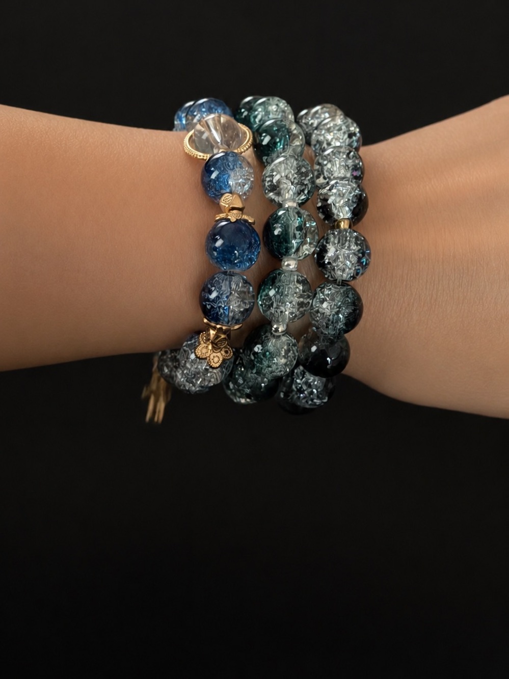 Handmade Blue and Teal Crackle Glass Beaded Bracelet Set of 3